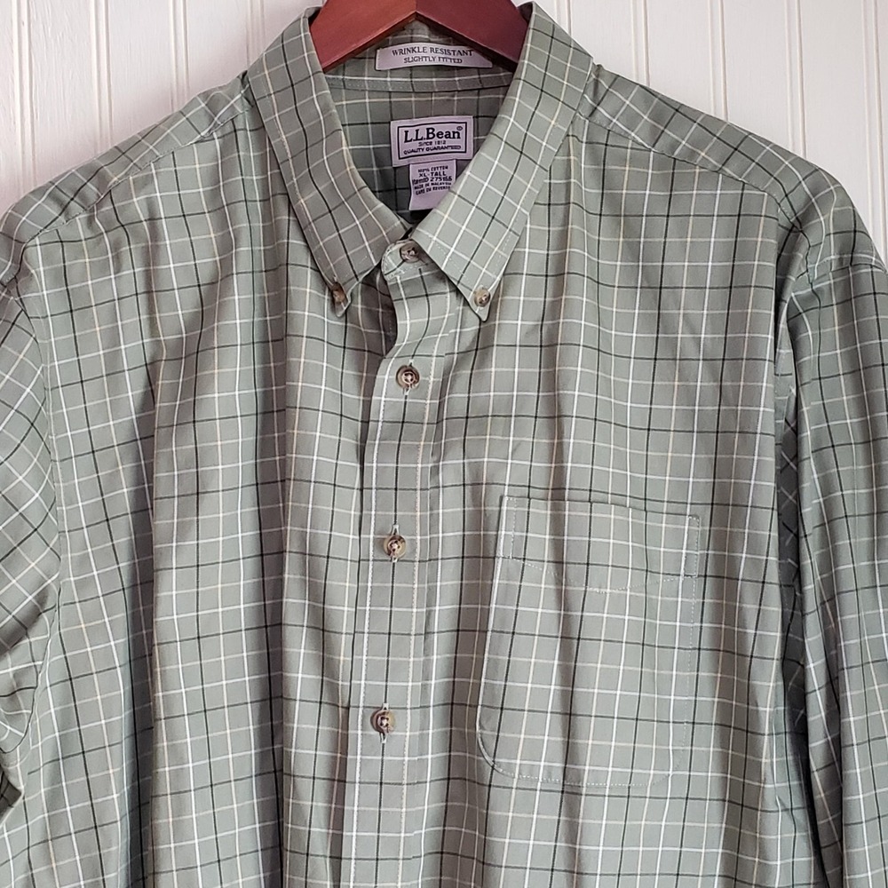 L.L. Bean Shirt Mens XLT Green Plaid Long Sleeve Button Down Cotton Casual